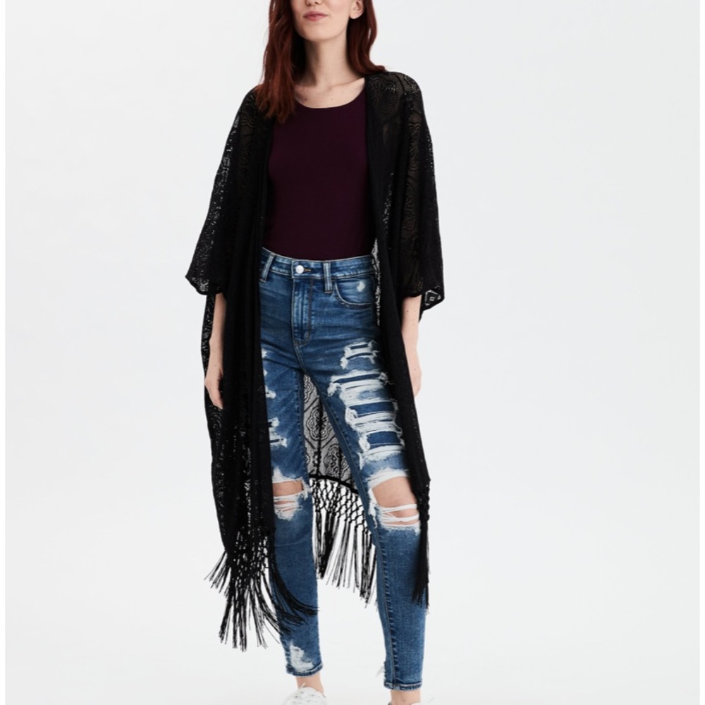 American Eagle Midi Mesh Kimono BLACK OS
